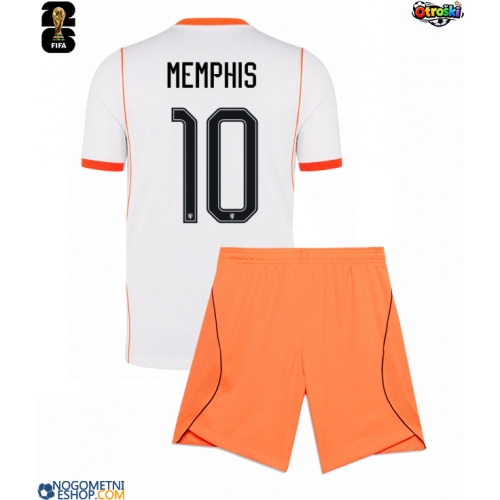 Otroški Nogometni dresi Nizozemska Memphis Depay #10 Gostujoči SP 2026 Kratek Rokav (+ Kratke hlače)
